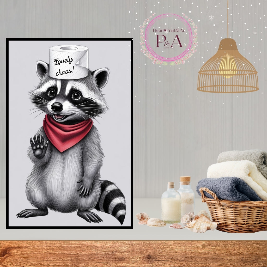 Printable digital bathroom wall art - raccoon illustration with toilet paper hat