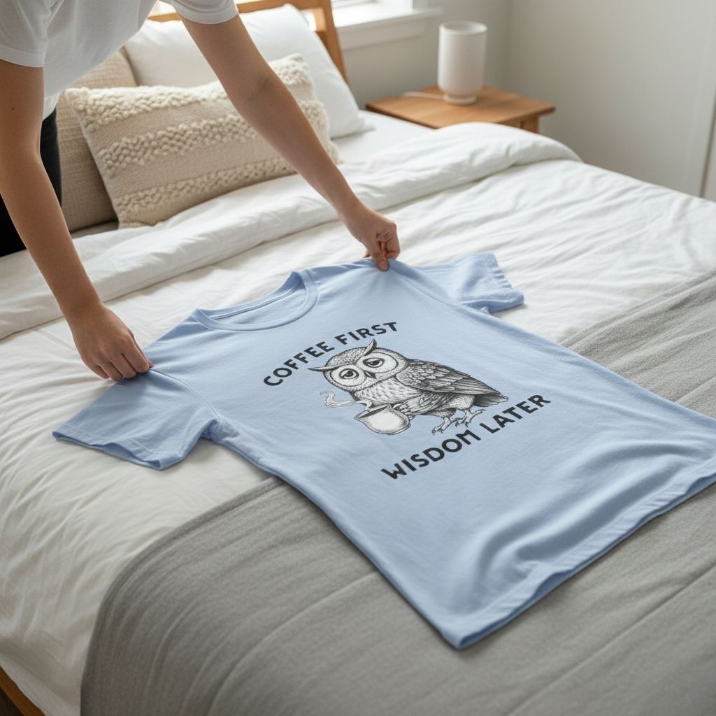 Folded baby blue women’s t-shirt with Coffee First Wisdom Later owl coffee graphic, stylish and casual gift idea.