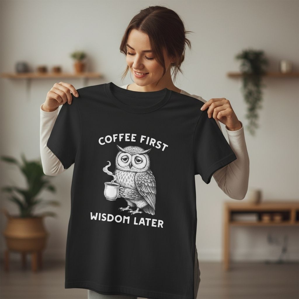 Assorted women’s t-shirts in different colors with Coffee First Wisdom Later owl coffee design, modern lifestyle mockup.