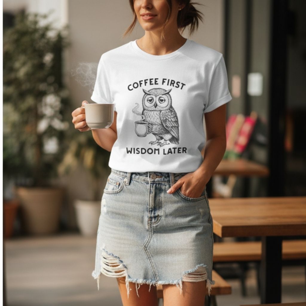 Women’s white graphic tee featuring an owl with coffee, fun and modern outfit idea for coffee fans.