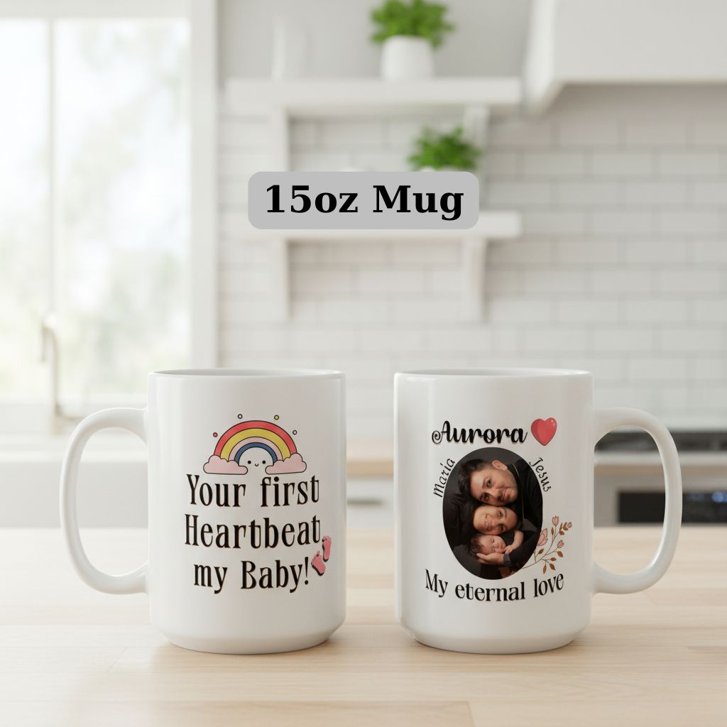 Personalized 15 oz mug showing a baby’s face and hands held by a parent, with a cozy, wooden background.