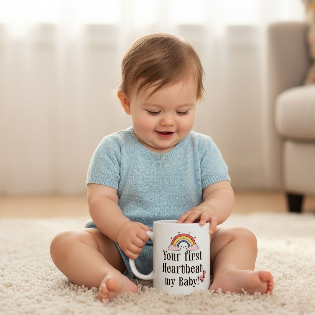 Custom mug with rainbow design and the phrase "Your first heartbeat, my baby!" perfect for new parents.