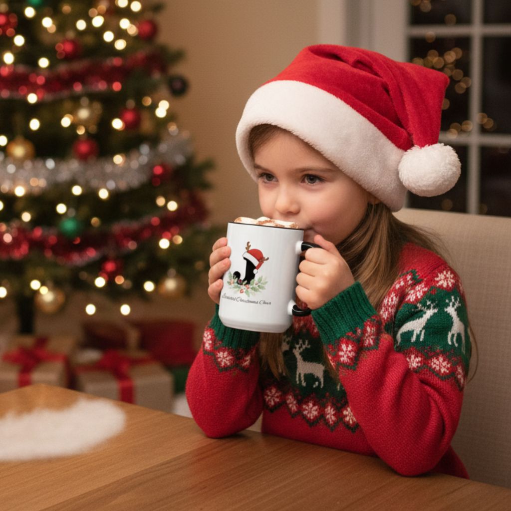 Big 15oz Christmas-themed mug with decorative letter and winter scene.