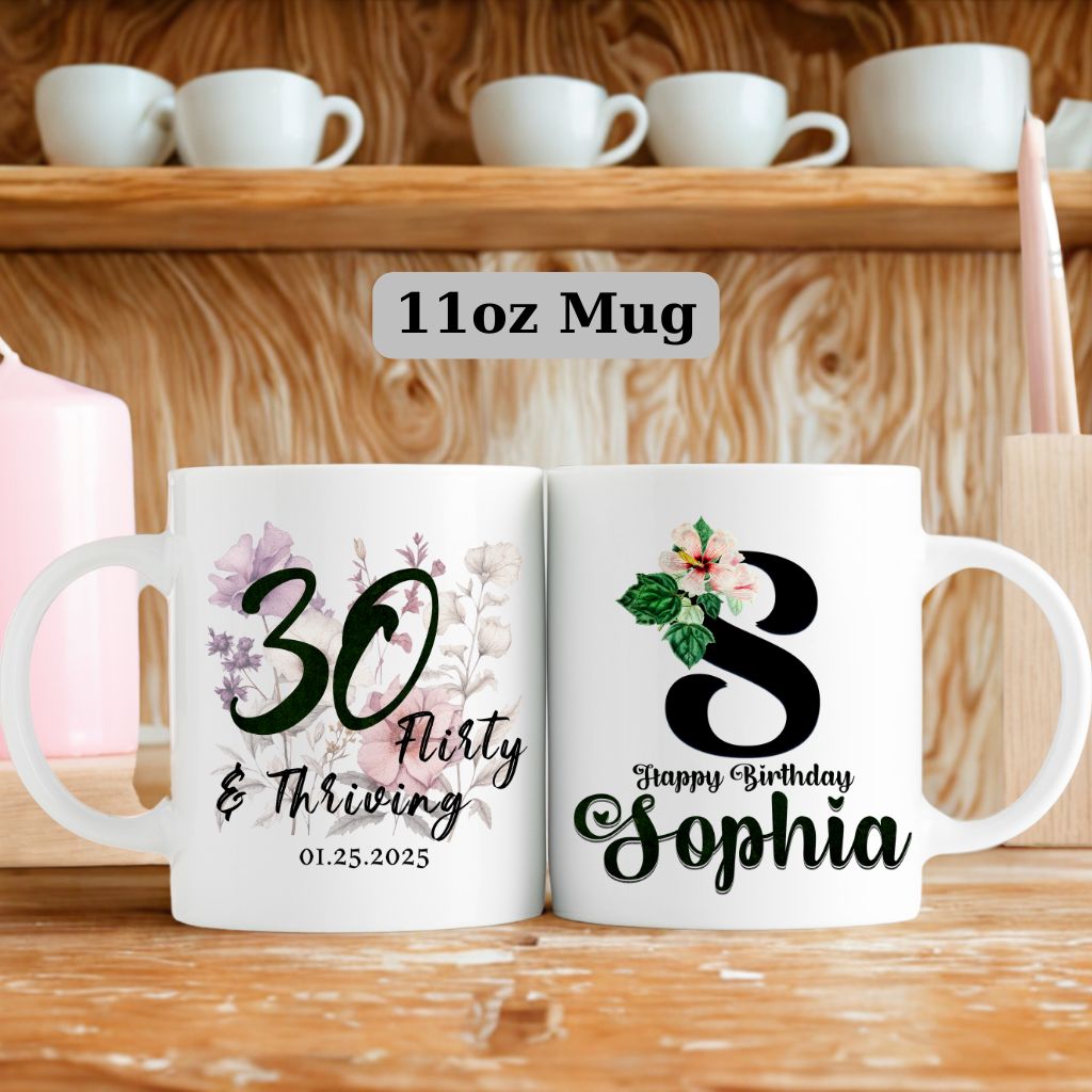 Double-sided view of custom birthday mug with floral typography