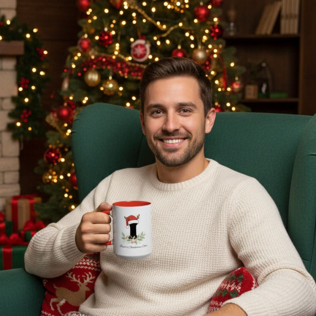Red-accent 11oz ceramic mug with winter scene and custom holiday letter.