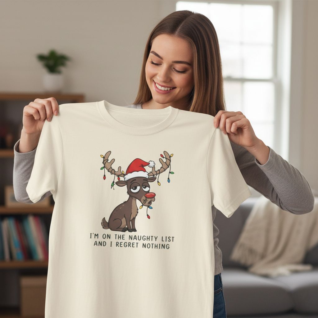 Model wearing natural color Christmas t-shirt with reindeer illustration, sitting by Christmas tree in cozy living space.
