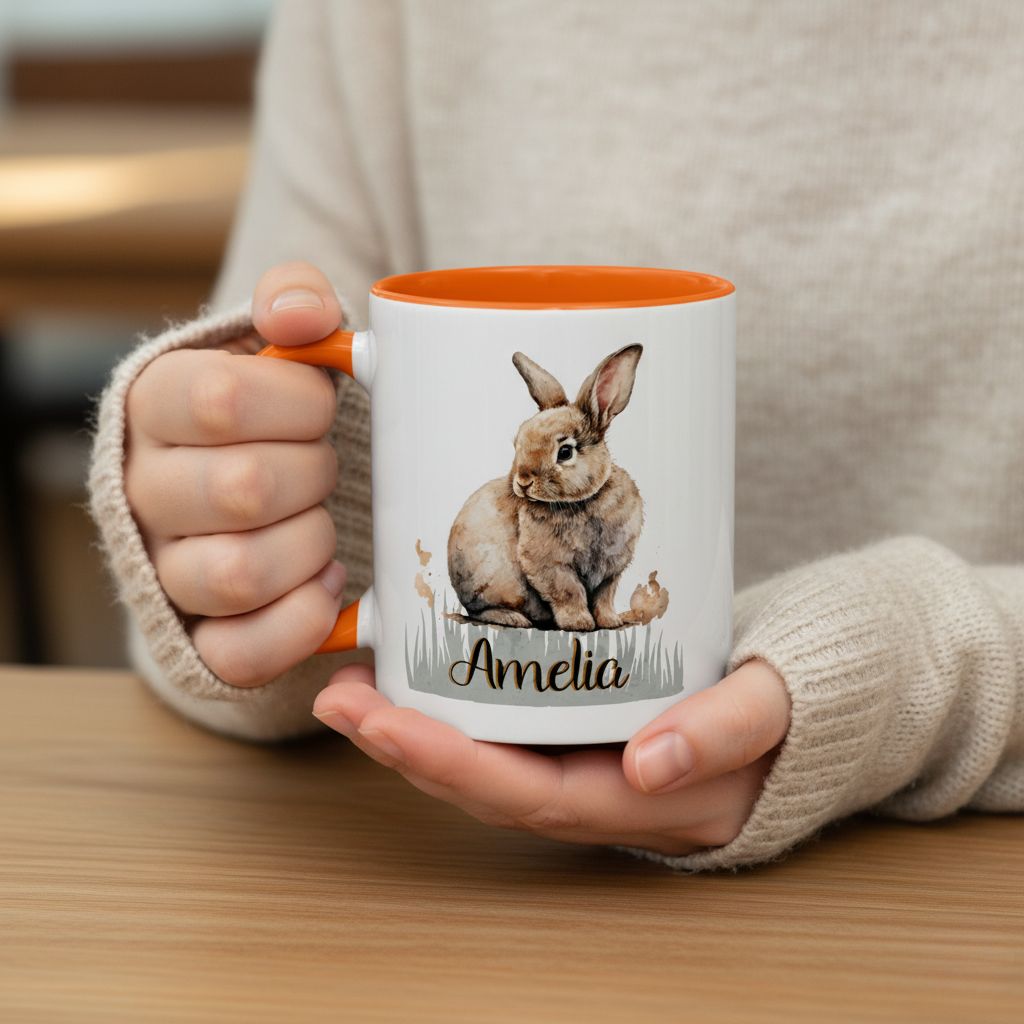 Woman holding personalized ceramic mug with animal illustration