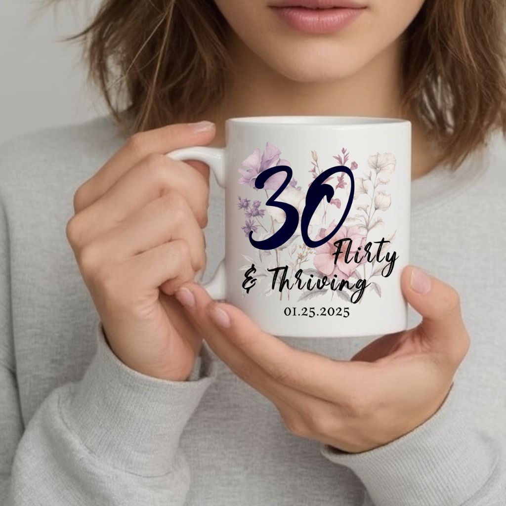 Lifestyle photo of woman holding personalized ceramic mug