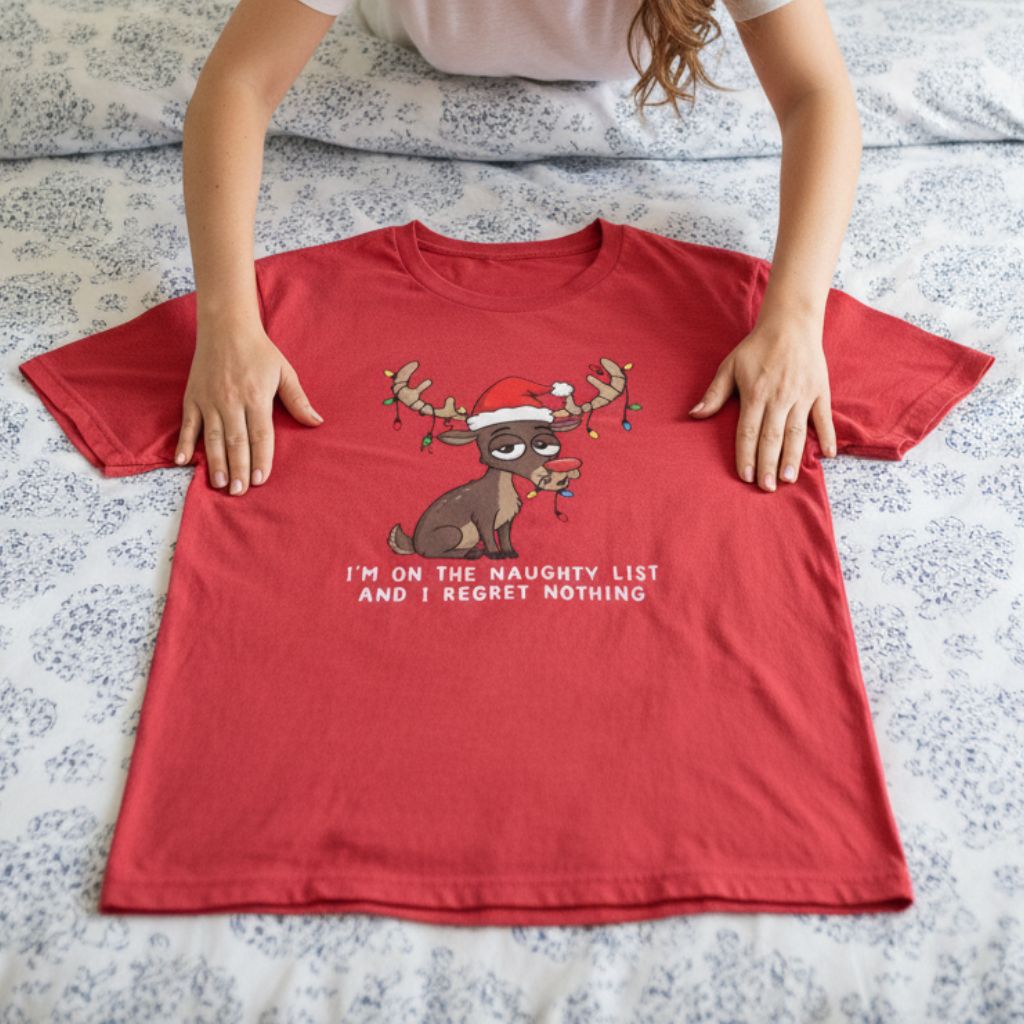 Flat lay of funny Christmas t-shirt with reindeer and Santa hat design, neatly placed on bed with cozy holiday decor.