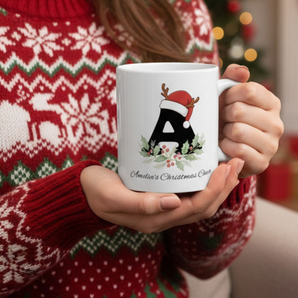 Woman holding a Christmas mug with festive initial and winter design.