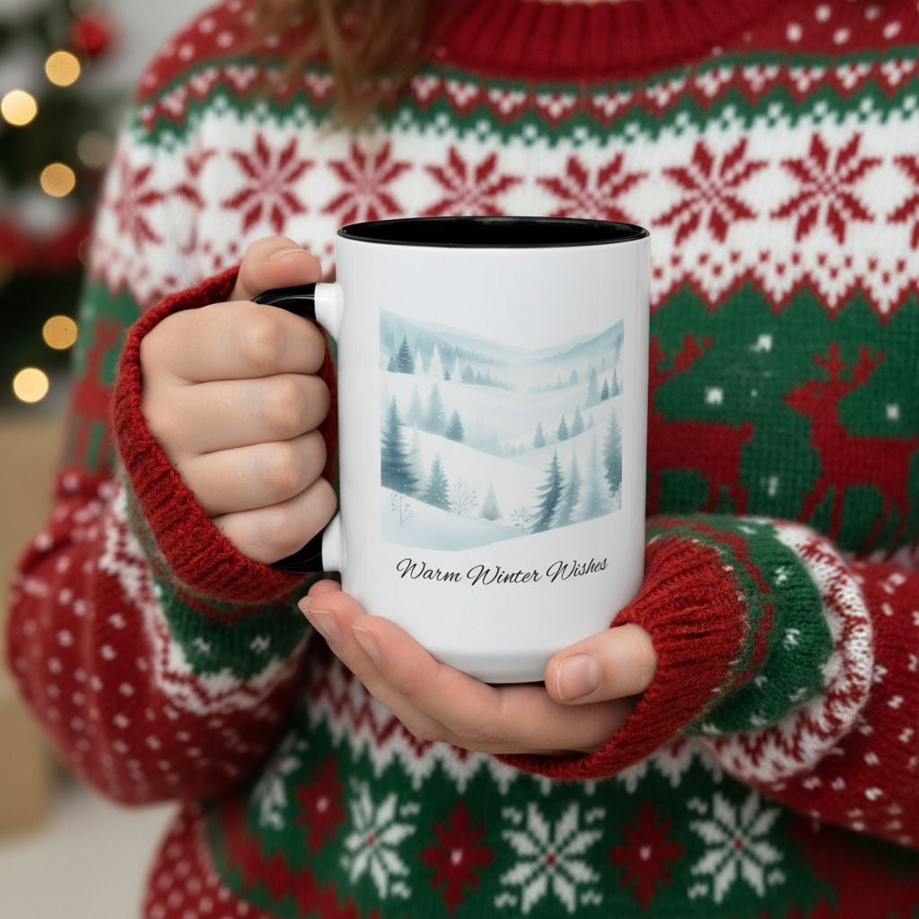 Female hands holding personalized holiday mug with snowy landscape and decorative letter.