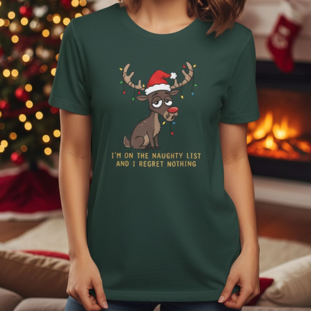 Model wearing forest green Christmas t-shirt with reindeer and Santa hat print, standing near warm decorative lights