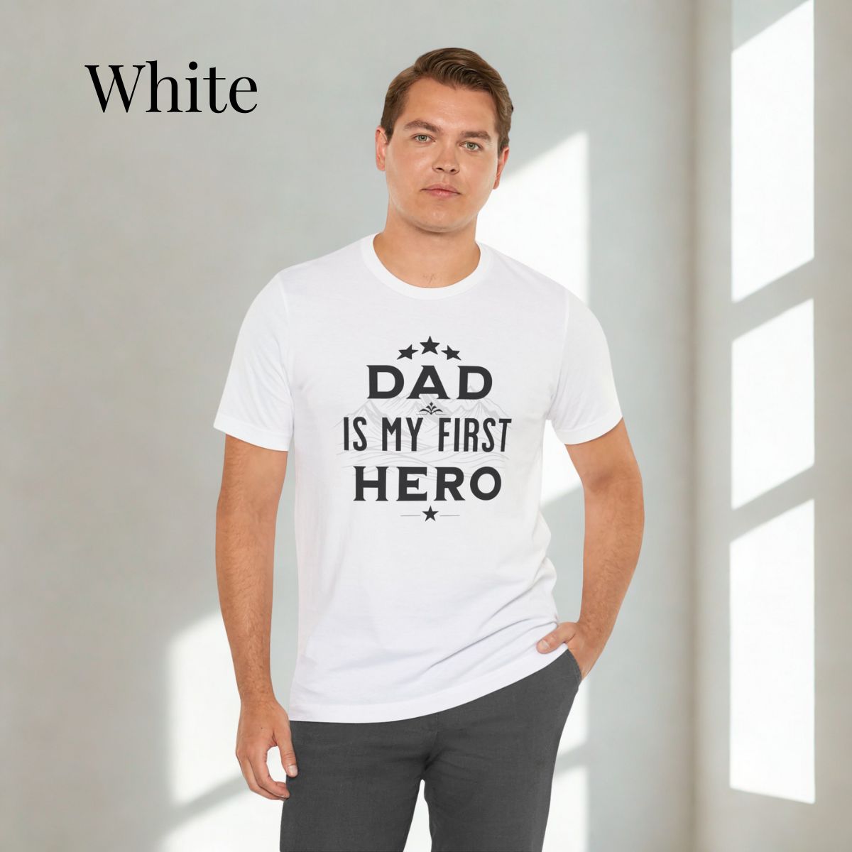 Father's Day gift idea: 'Dad Is My First Hero' t-shirt in different colors.