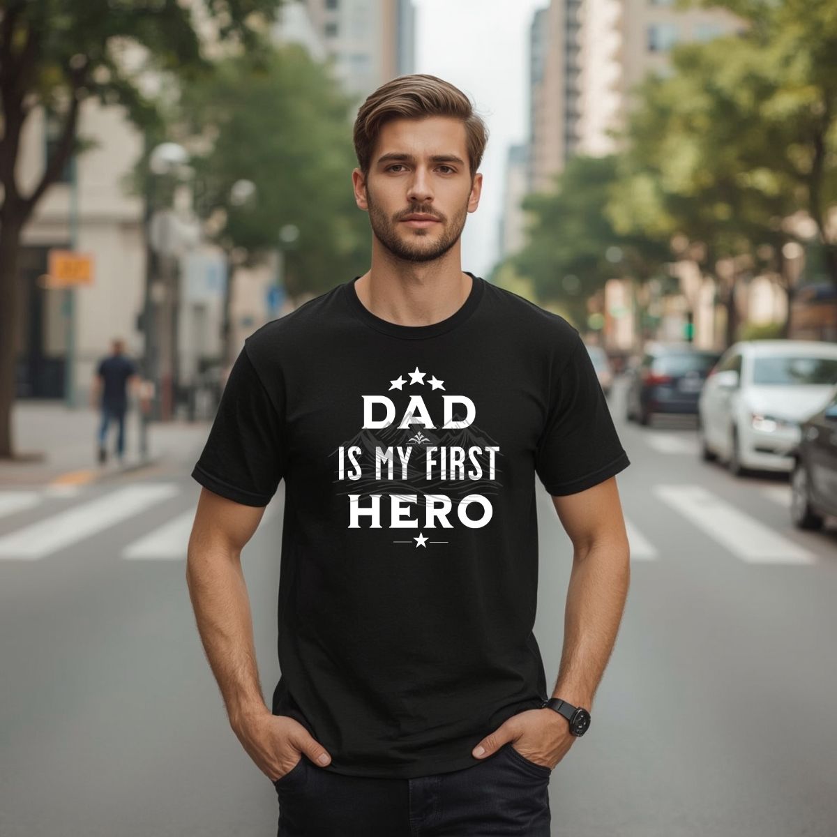 Man wearing 'Dad Is My First Hero' black t-shirt for Father's Day.