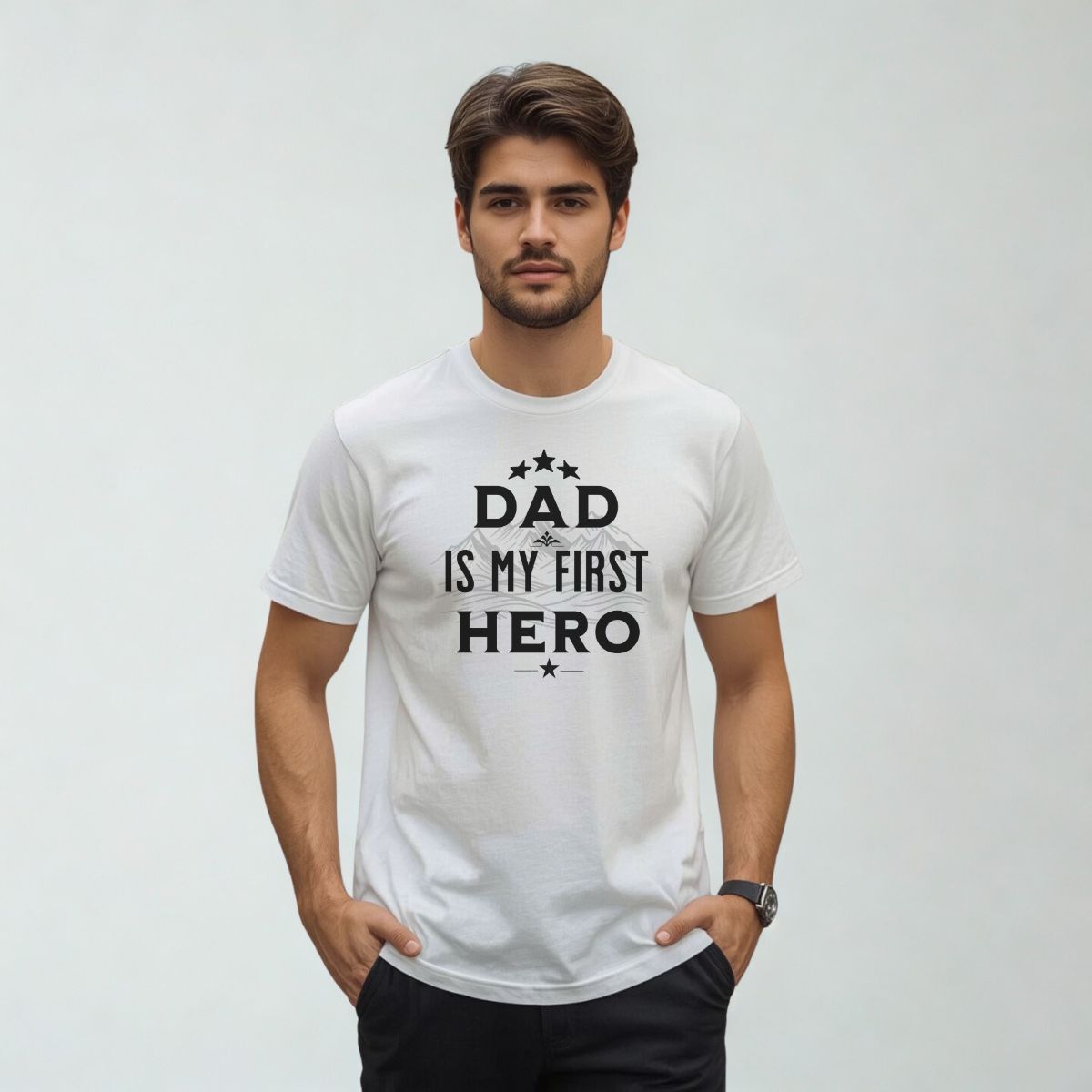 Man wearing 'Dad Is My First Hero' white t-shirt for Father's Day.