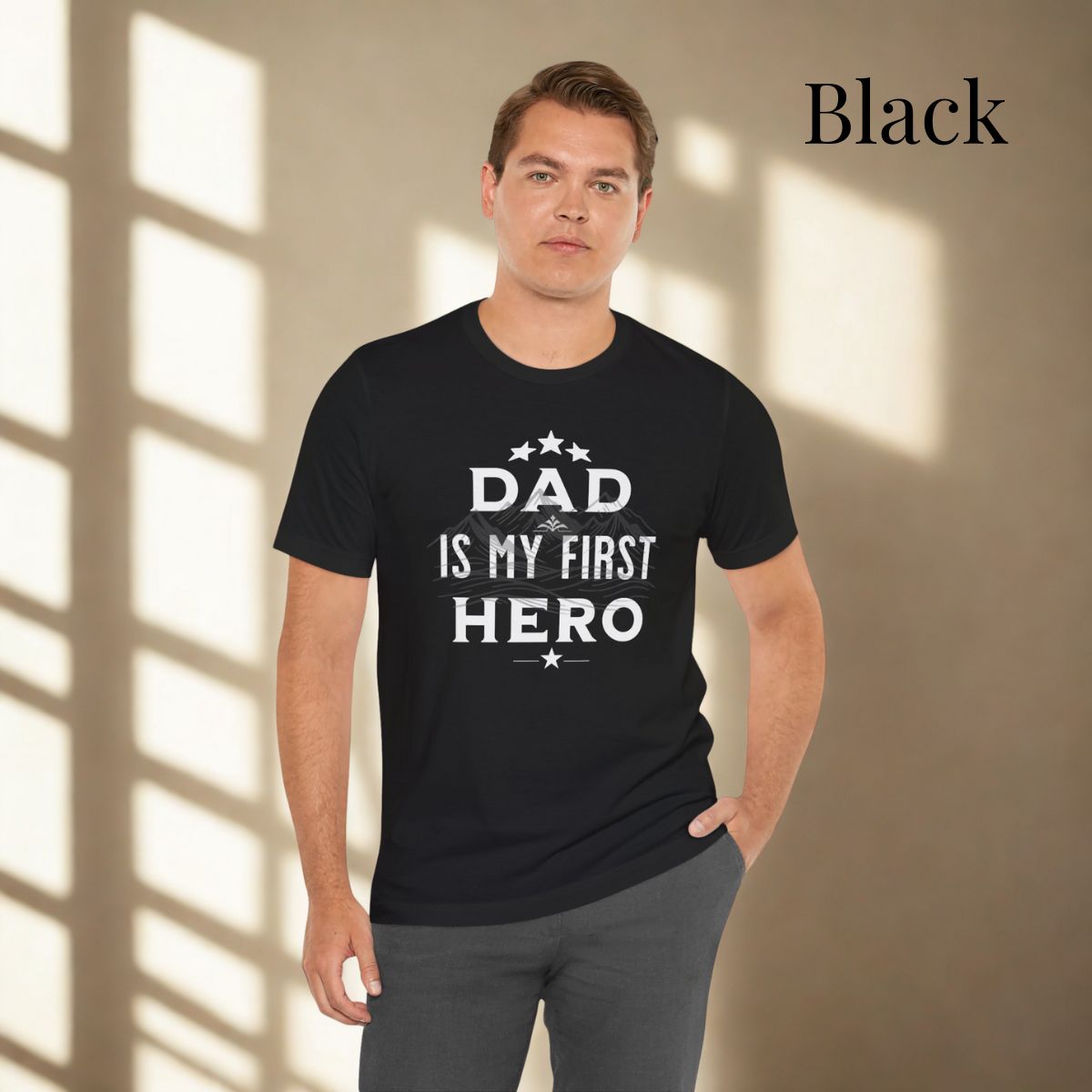 Father's Day gift idea: 'Dad Is My First Hero' t-shirt in different colors.