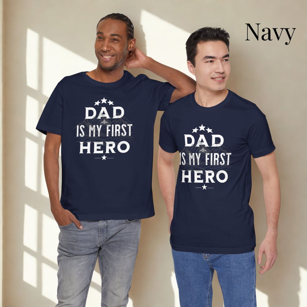 Father's Day gift idea: 'Dad Is My First Hero' t-shirt in different colors.