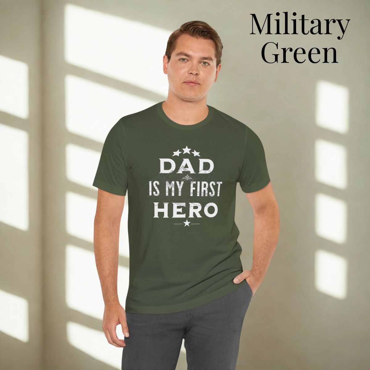 Father's Day gift idea: 'Dad Is My First Hero' t-shirt in different colors.