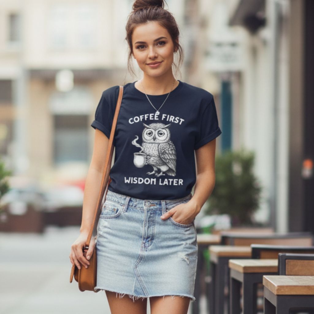 Women’s navy graphic tee featuring an owl with coffee, fun and modern outfit idea for coffee fans.