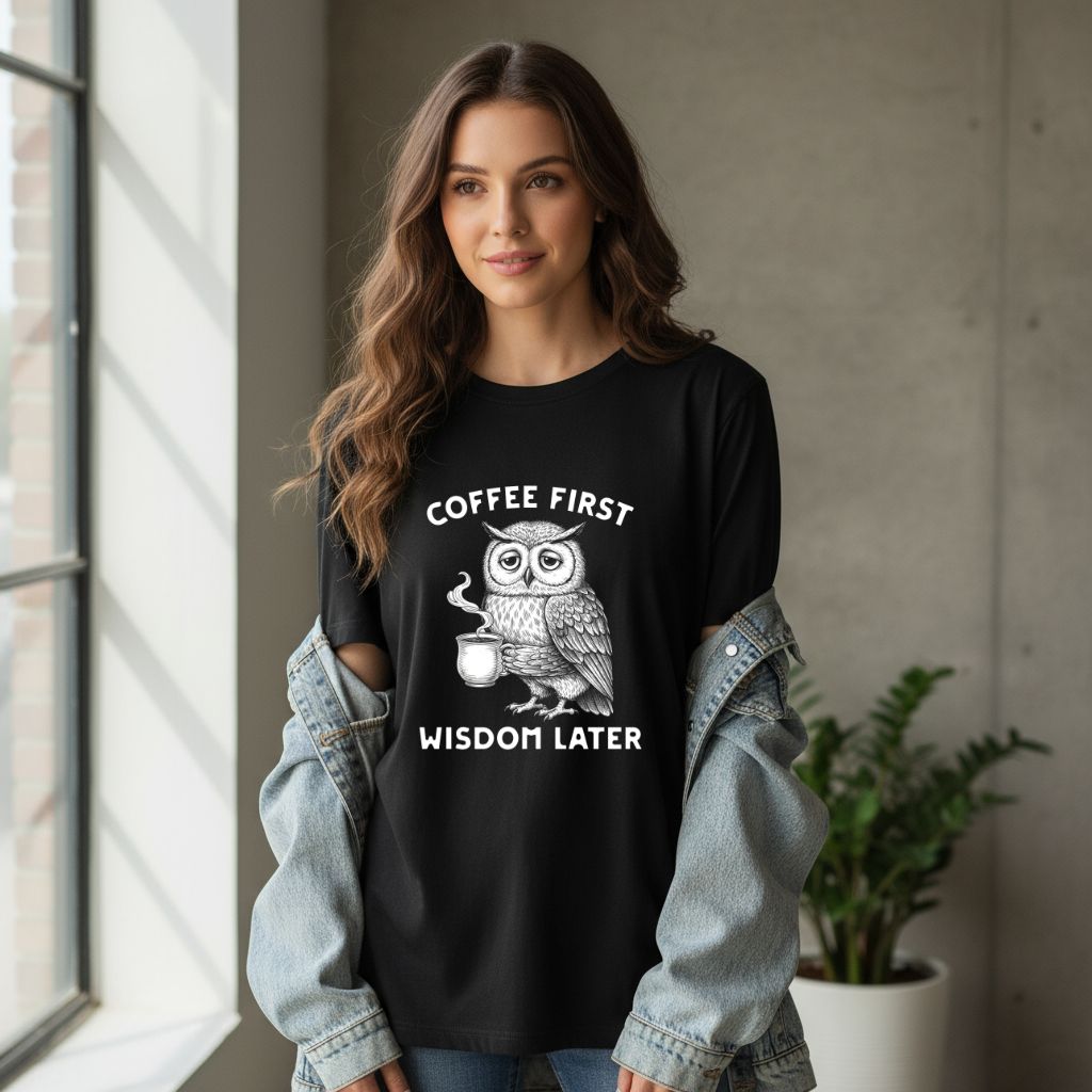 Women’s black graphic tee featuring an owl with coffee, fun and modern outfit idea for coffee fans.