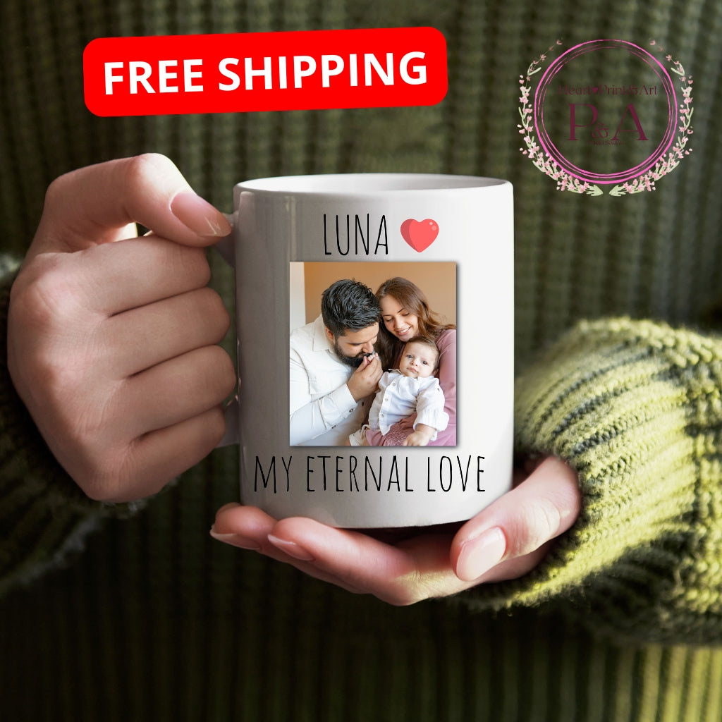 Personalized ceramic coffee mug featuring the touching caption, “Luna my eternal love”.