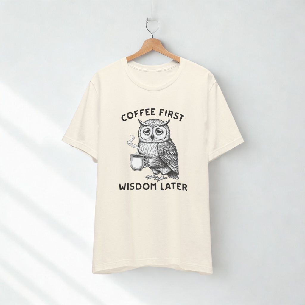 Women's T-Shirt "Coffee First Wisdom Later" – Cute Owl Coffee Graphic Tee - FREE SHIPPING