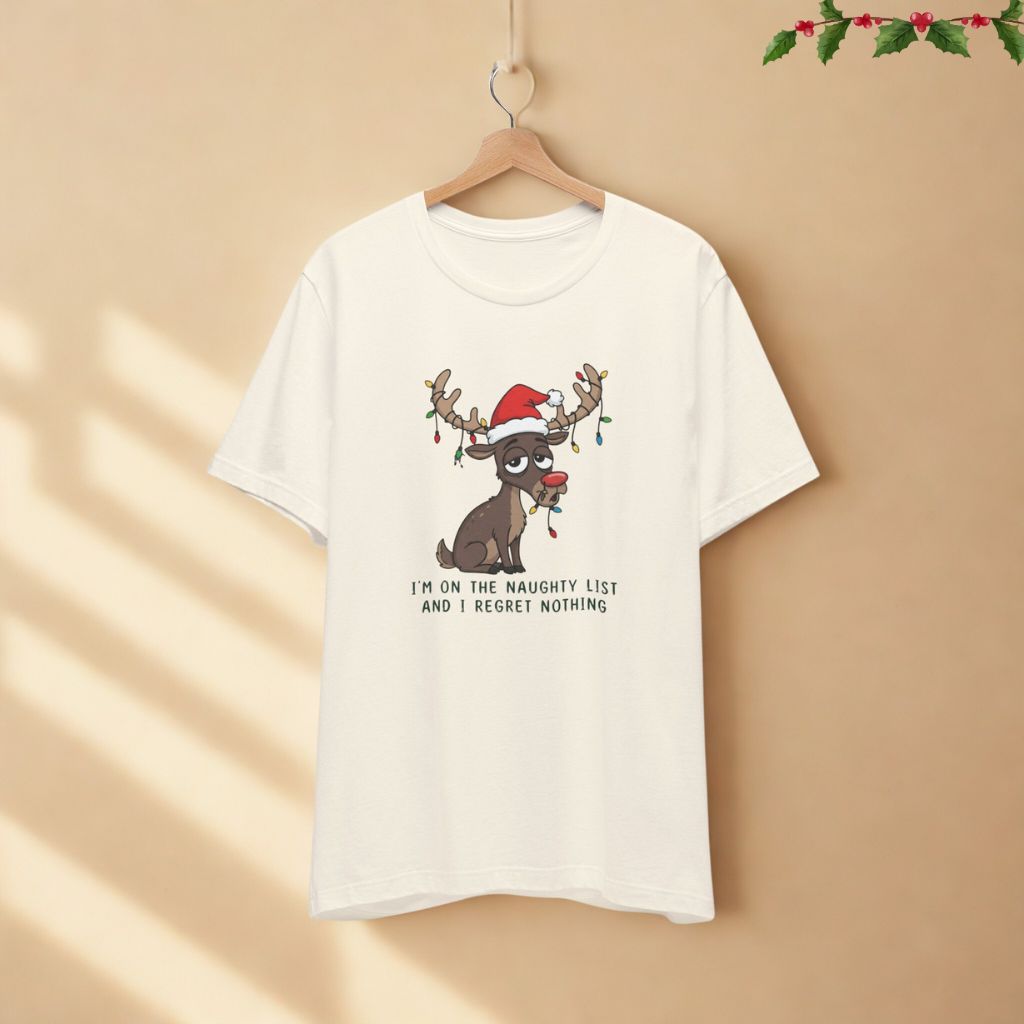 I’m on the Naughty List and I Regret Nothing funny Christmas t-shirt in natural color displayed on hanger against neutral background.