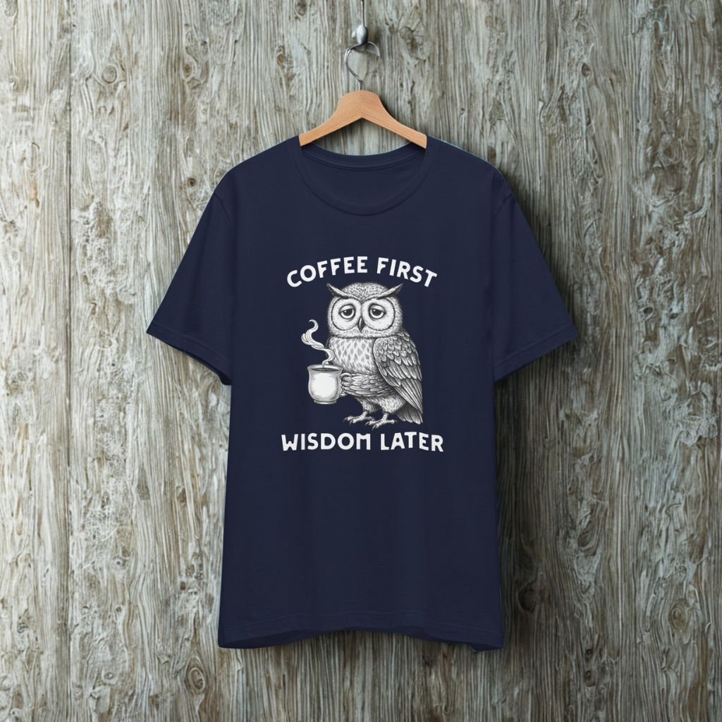 Women's T-Shirt "Coffee First Wisdom Later" – Cute Owl Coffee Graphic Tee - FREE SHIPPING