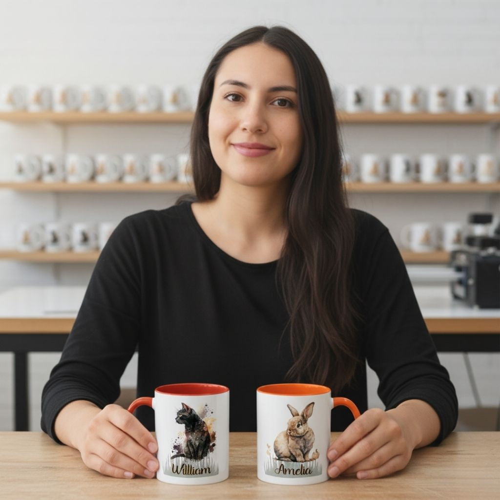 Woman holding personalized ceramic mug with animal illustration