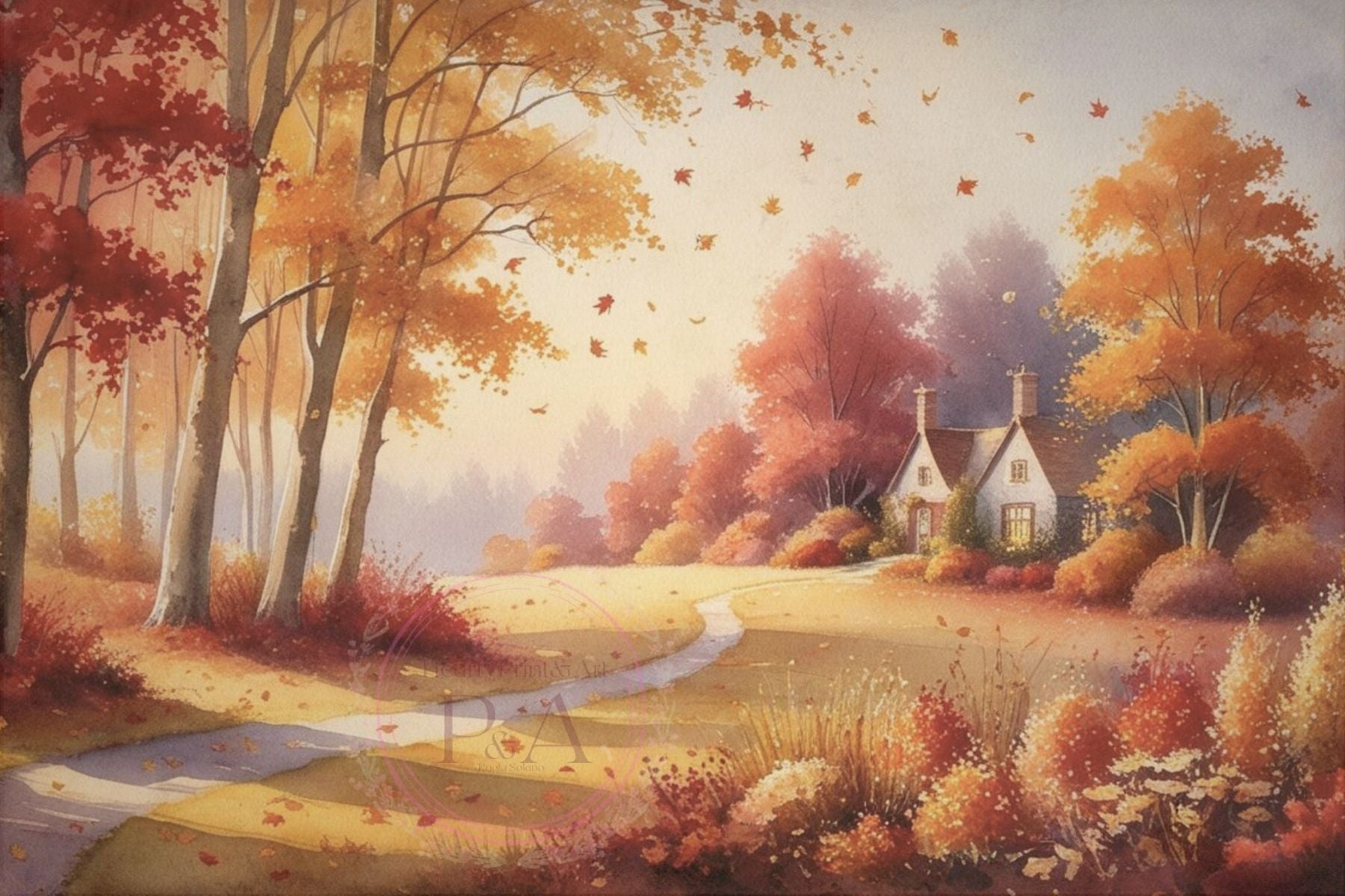 Illustration of an autumn landscape painted in oil with a vintage and nostalgic feel.