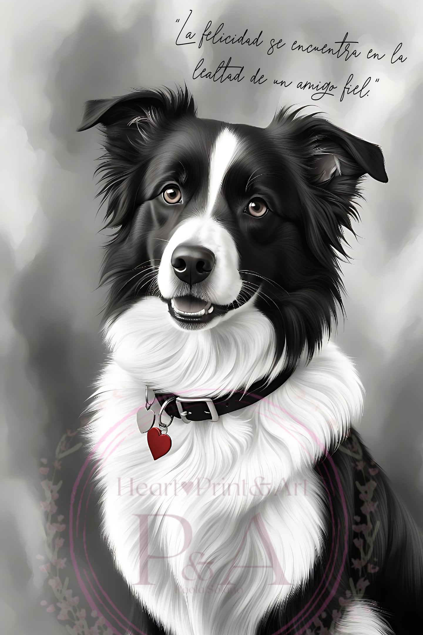 Custom black and white portrait of a Border Collie, perfect for pet lovers and home decor. Digital download available.