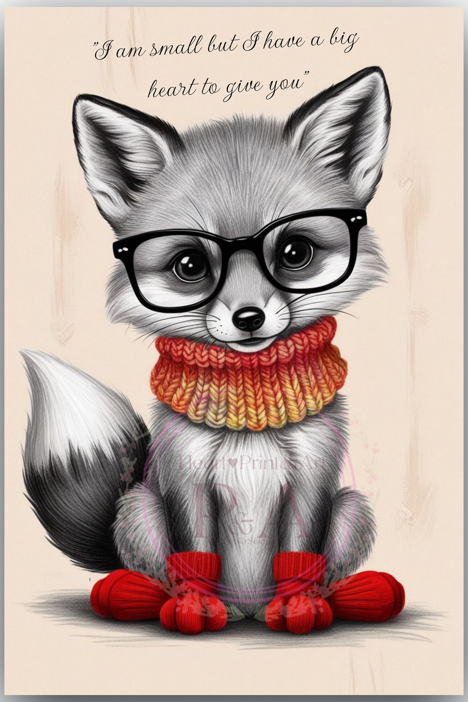 A cute baby fox wearing glasses and a colorful knitted scarf, paired with a heartwarming quote about having a big heart.