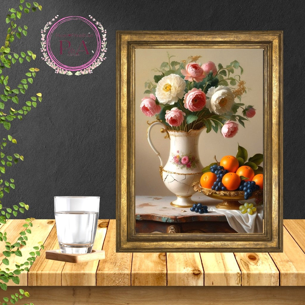 A vintage painting of flowers and fruit on a wooden table, perfect for home decor and gifts for flower lovers.