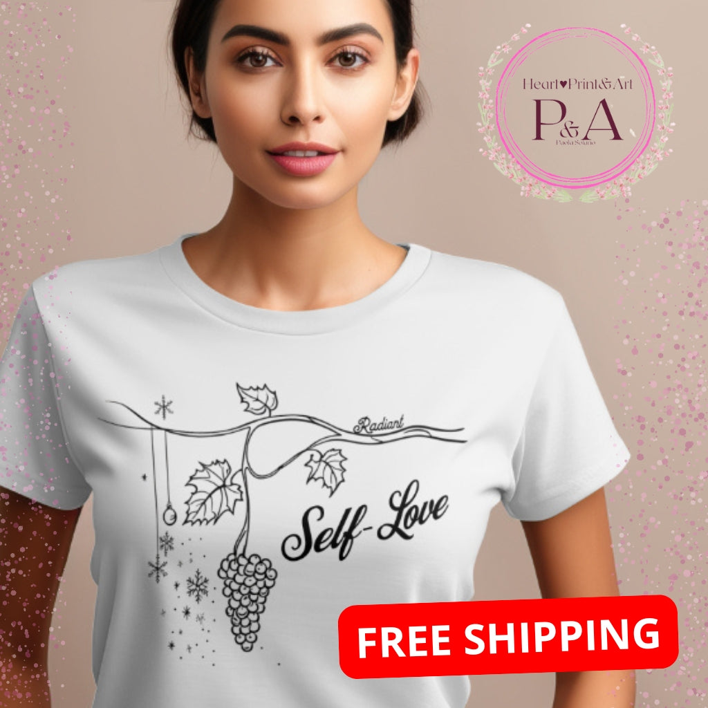 A beautiful girl wearing white shirt which features a minimalist illustration of a grapevine and the heartfelt message Self-Love