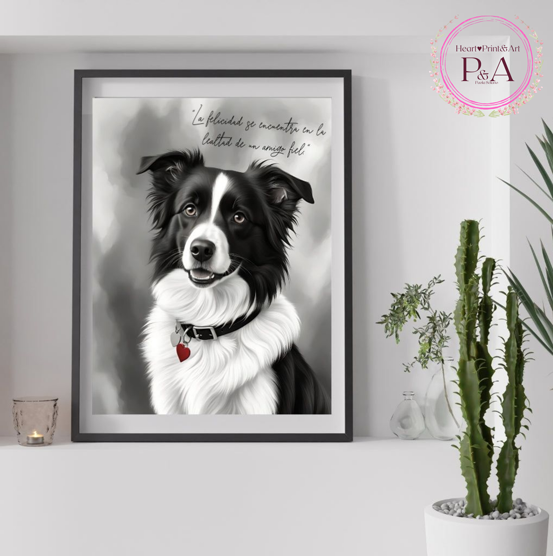 Printable digital art of a Border Collie dog. Ideal for animal lovers and kids' nurseries. Custom pet portrait design.