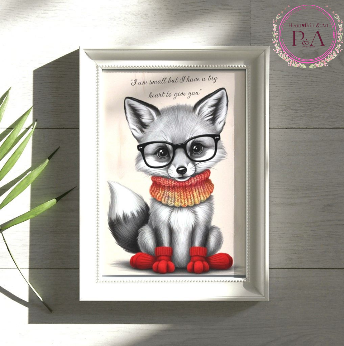 A cute baby fox wearing glasses and a colorful knitted scarf, paired with a heartwarming quote about having a big heart.