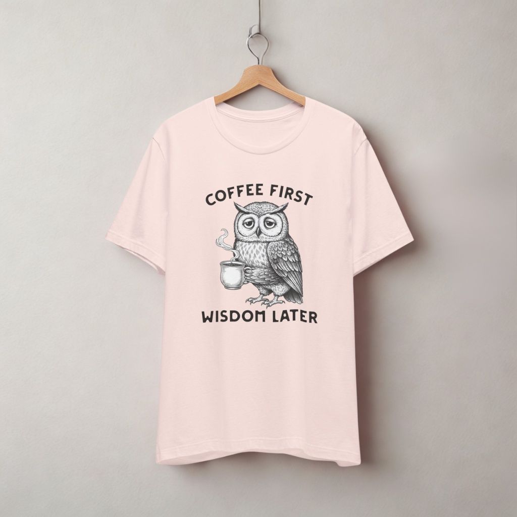 Women's T-Shirt "Coffee First Wisdom Later" – Cute Owl Coffee Graphic Tee - FREE SHIPPING