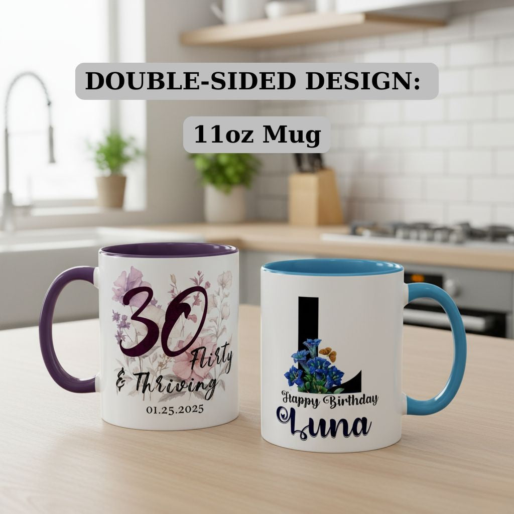 Double-sided view of custom birthday mug with floral typography