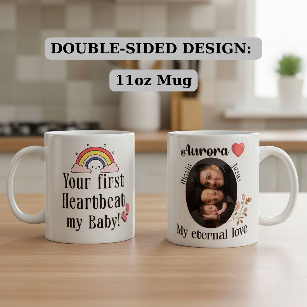Double-Sided personalized 11 oz mug showing a baby’s face and hands held by a parent, with a cozy, wooden background.