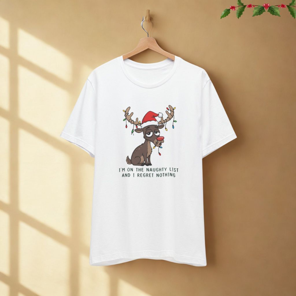 I’m on the Naughty List and I Regret Nothing funny Christmas t-shirt in white color displayed on hanger against neutral background.