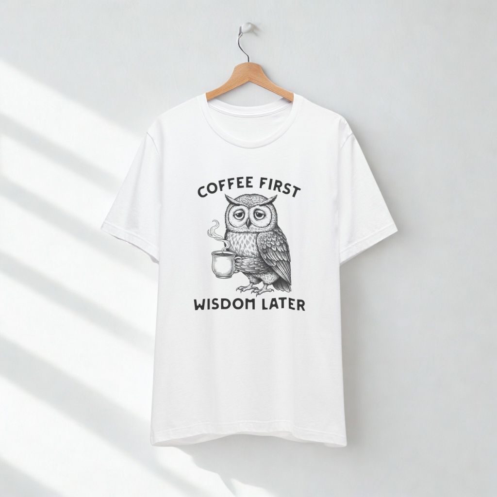 Women's T-Shirt "Coffee First Wisdom Later" – Cute Owl Coffee Graphic Tee - FREE SHIPPING