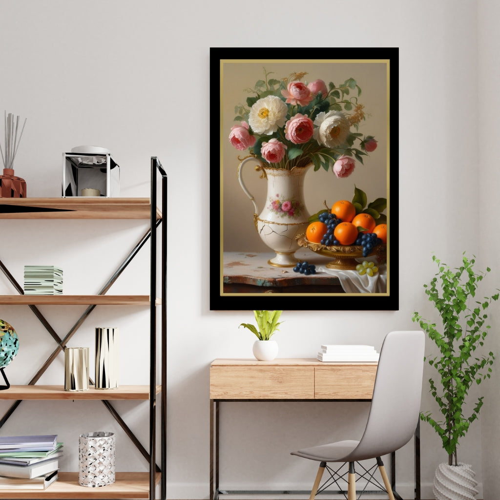 A beautiful vintage art piece featuring flowers and fruit in a vase, ideal for wall decor and digital downloads.