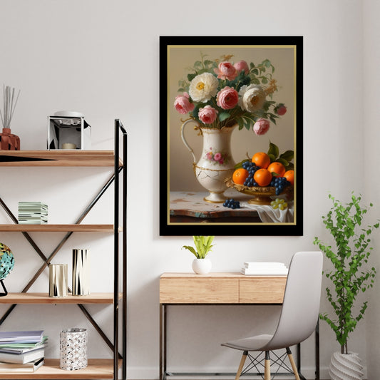 A vintage painting of flowers and fruit on a wooden table, perfect for home decor and gifts for flower lovers.