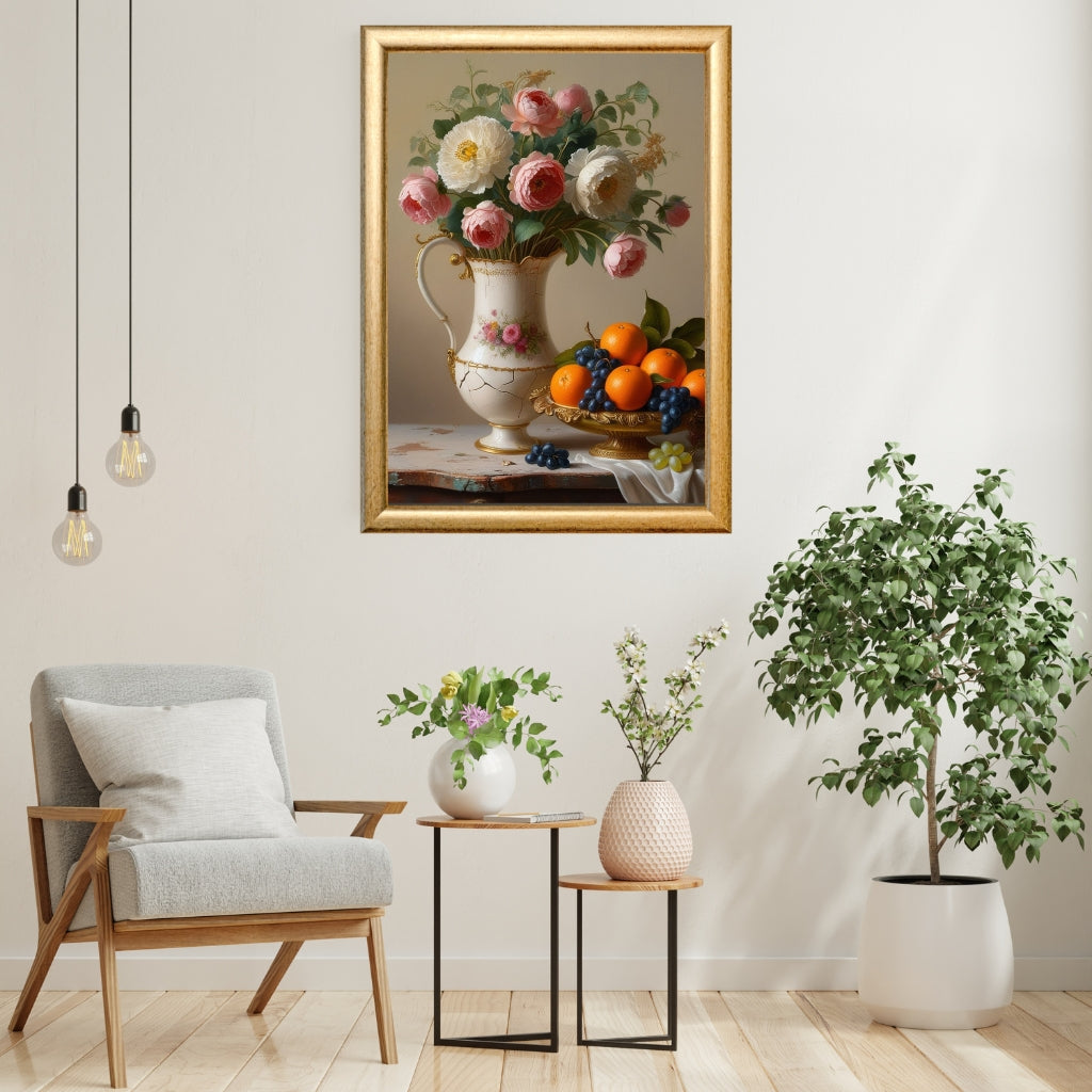 A lovely vintage artwork showing flowers and fruit in a vase, suitable for wall decor and as a gift for flower lovers.