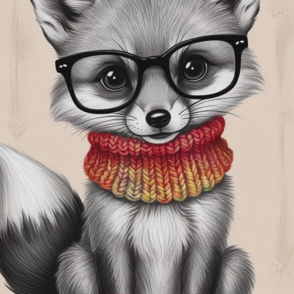 A cute baby fox wearing glasses and a colorful knitted scarf, paired with a heartwarming quote about having a big heart.