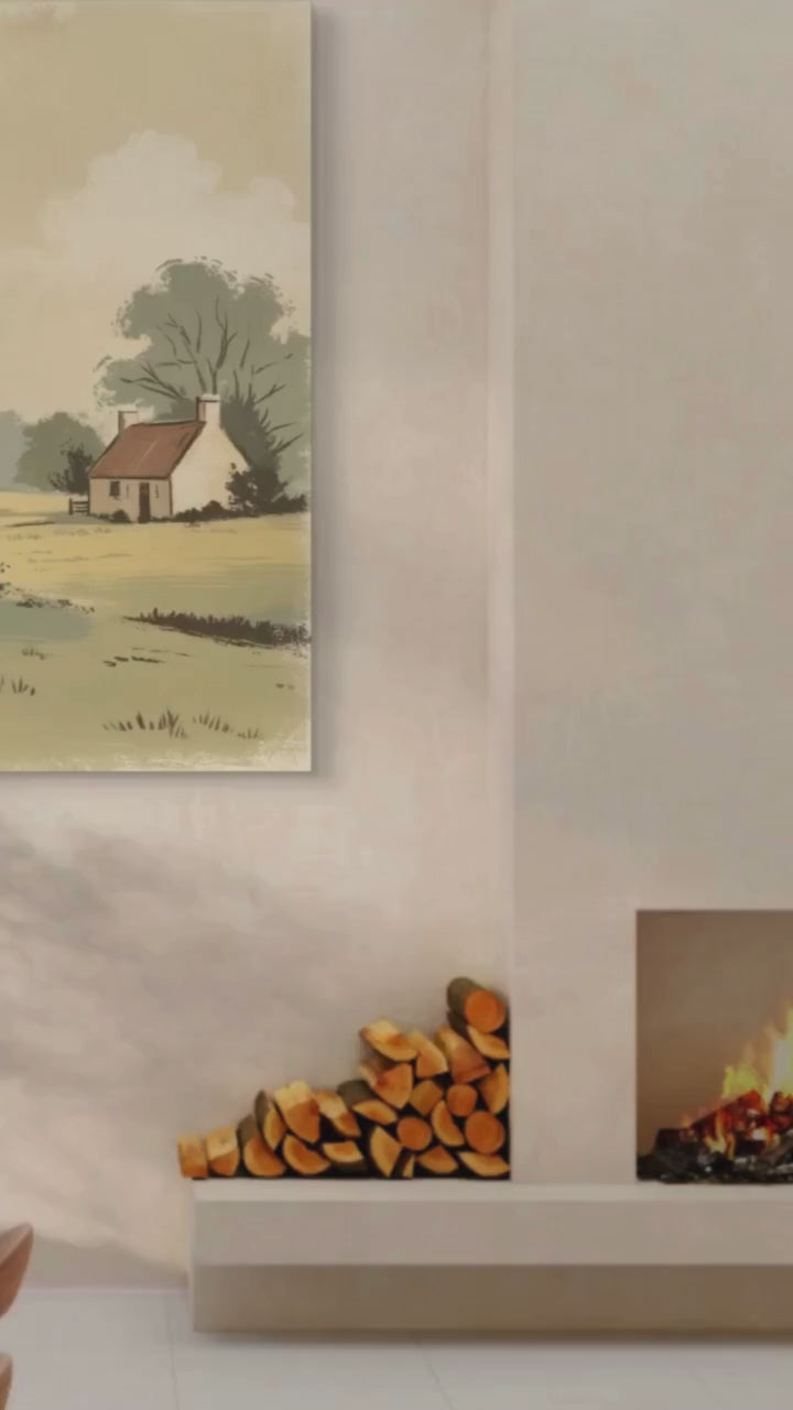 Vintage illustration of a countryside cottage in a peaceful landscape.