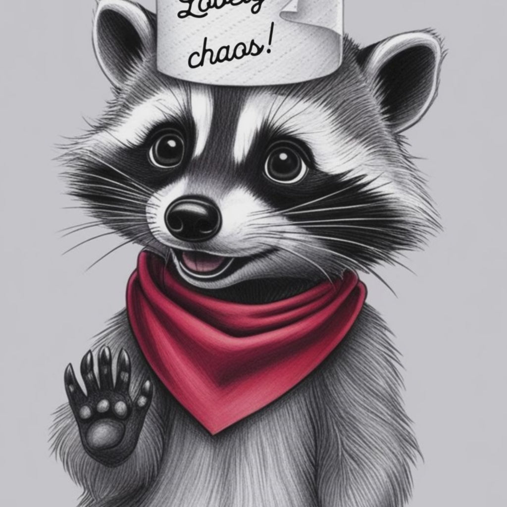 Printable digital bathroom wall art - raccoon illustration with toilet paper hat