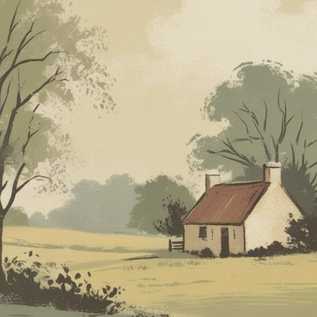 Vintage illustration of a countryside cottage in a peaceful landscape.