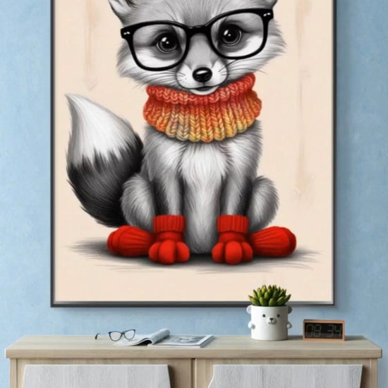 A cute baby fox wearing glasses and a colorful knitted scarf, paired with a heartwarming quote about having a big heart.