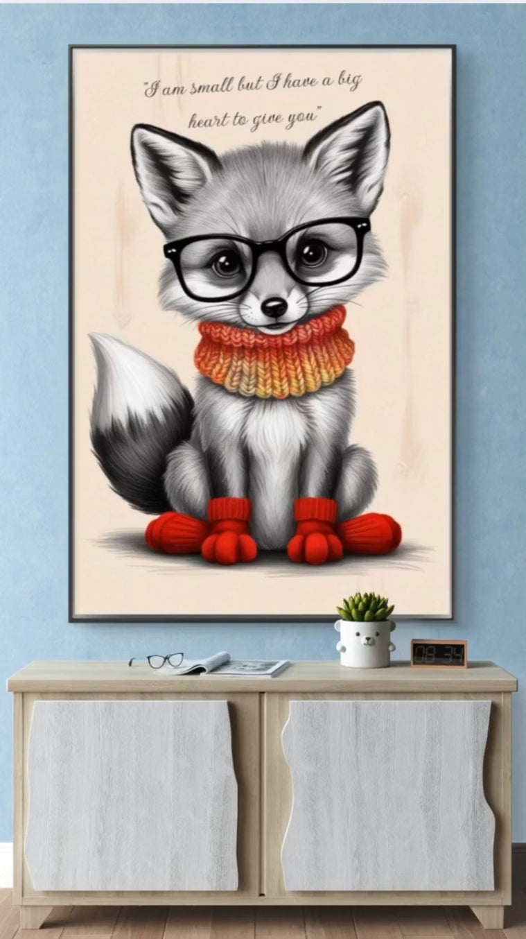 A cute baby fox wearing glasses and a colorful knitted scarf, paired with a heartwarming quote about having a big heart.